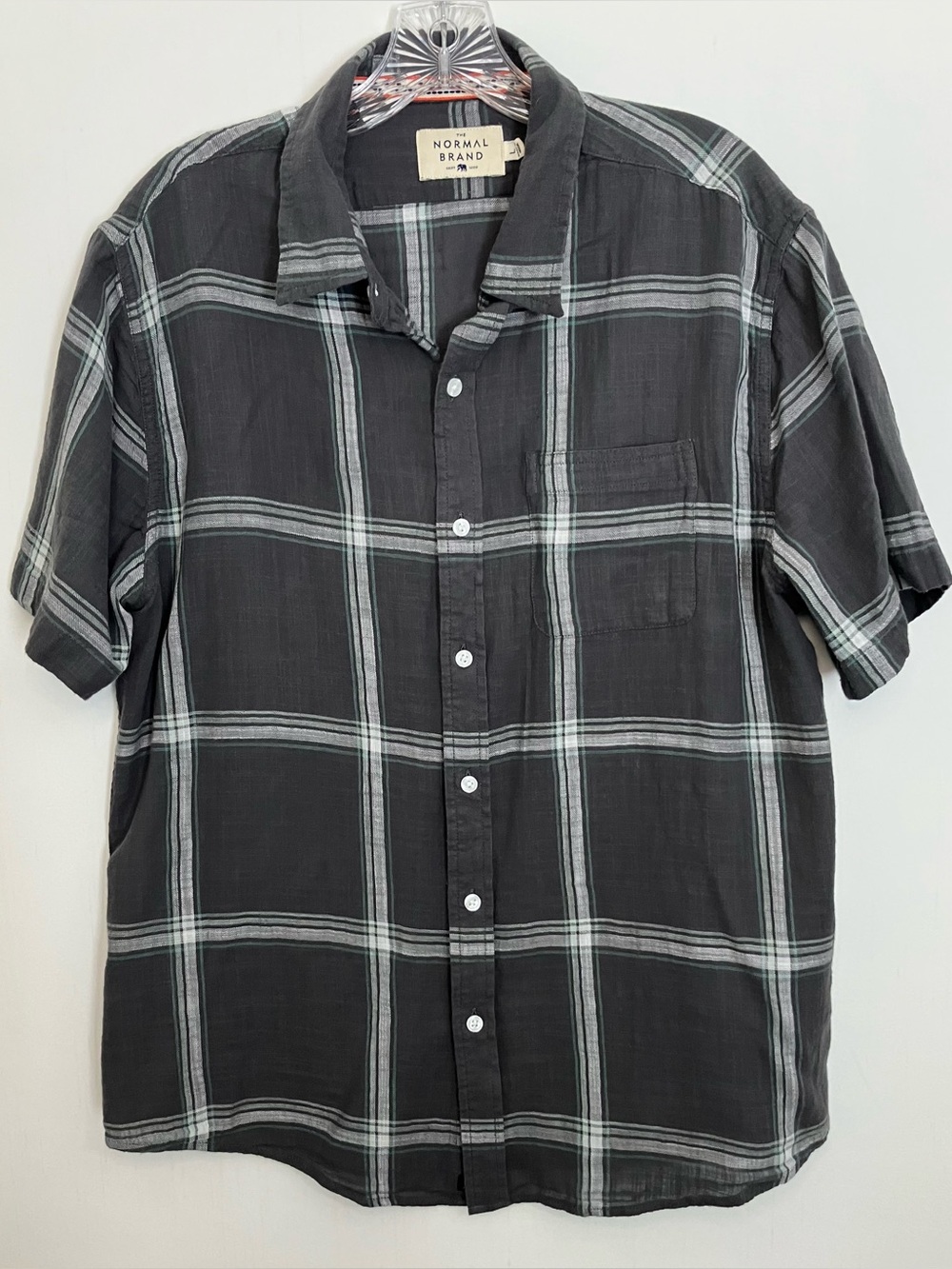Normal Brand Shirt Mens Large Gray Plaid Button Up Short Sleeve Cotton Outdoor